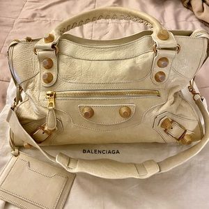 Authentic Balenciaga City bag with gold buckles, studs.